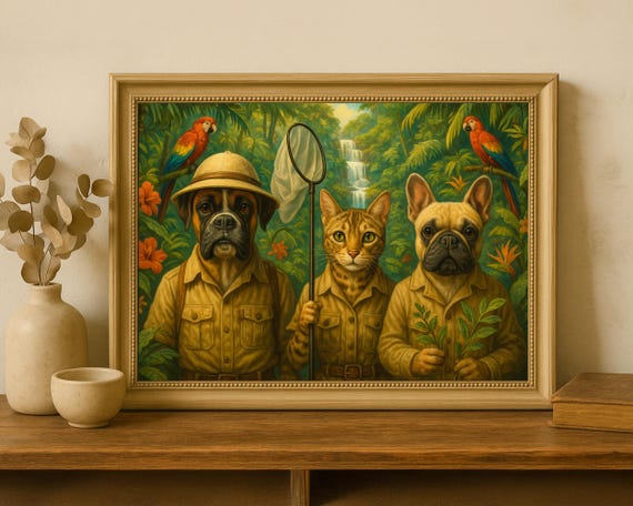 Jungle Explorer Pet Portrait – Custom Cat & Dog Safari Artwork, Custom 3 pets portrait, Wall pet decor, Dog and cat portrait from photo