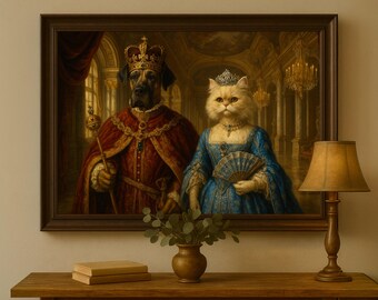 Custom Royal Pet Portrait – Dog and Cat as King and Queen, Personalized Aristocratic Pet Art, Funny Regal Wall Decor Gift, Victorian Pet Art