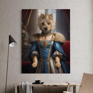 May include: A canvas print featuring a regal dog portrait. The dog is adorned with a gold crown, a fur collar, and a blue gown with gold accents. The artwork has a vintage aesthetic, with a red sofa and window in the background.