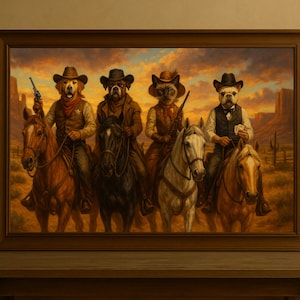 Custom Cowboy Pet Portrait – Group Western Artwork for Up to 4 Pets, Western 4 pets portrait, cowboy dog and cat portrait, gift idea for him
