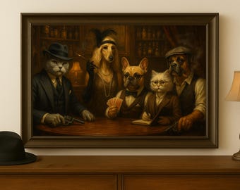 Custom Mafia Pet Portrait – Personalized Gangster Art with Pets & People, Funny Bar Room Decor, Poker Themed Painting, Gift idea for him