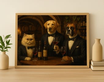 May include: A framed print depicts three anthropomorphic animals: a cat, a Labrador, and a Boxer, dressed in formal attire, gathered around a table with wine bottles and glasses. The artwork has a vintage, painterly style.