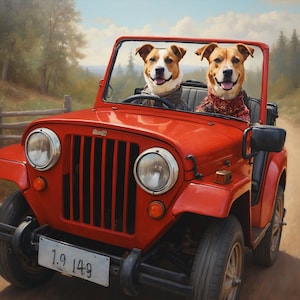Custom pet portrait, pet driving an offroad car, Funny dog portrait, pet loss gift, royal dog portrait, cat portrait, pet lover gift