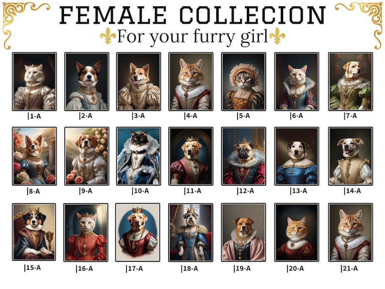 May include: A collage of 21 images featuring various pets dressed in royal attire. Each image is framed with a gold border and labeled with a number and letter. The images are arranged in three rows of seven. The title "FEMALE COLLECTION" and "For your furry girl" are displayed at the top of the collage.