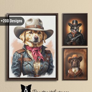 May include: Three framed illustrations of dogs and a cat dressed as cowboys and cowgirls. The illustrations are in a western style with a brown background and a brown frame. The text '+200 Designs' is in the top left corner of the image.
