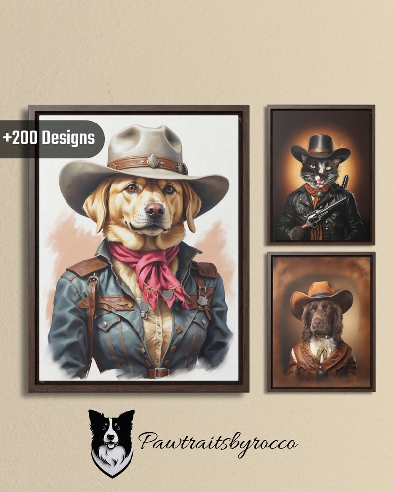May include: Three framed illustrations of dogs and a cat dressed as cowboys and cowgirls. The illustrations are in a western style with a brown background and a brown frame. The text '+200 Designs' is in the top left corner of the image.
