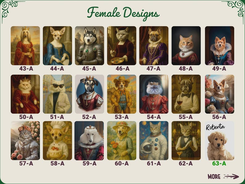 May include: A collection of portraits featuring animals dressed in regal attire. The images include cats, dogs, and other animals in various costumes, with the text "Female Designs" at the top and the name "Roberta" on one image.