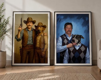 May include: Two framed portraits featuring a person and a dog. The left portrait shows a person in a cowboy outfit with a dog in similar attire. The right portrait depicts a person and a dog wearing matching blue shirts and grey argyle vests.