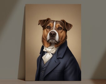 Custom Gentleman Pet Portrait, Gentleman dog portrait, dog with elegant suit, dog with gentleman costume, pet loss gift, pitbull portrait