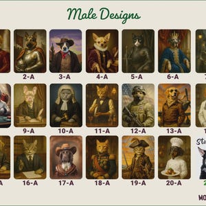 May include: A collection of framed portraits featuring anthropomorphic animals in various professions and attire. The portraits include dogs, cats, and other animals dressed as royalty, military figures, and professionals. The text "Male Designs" is at the top.