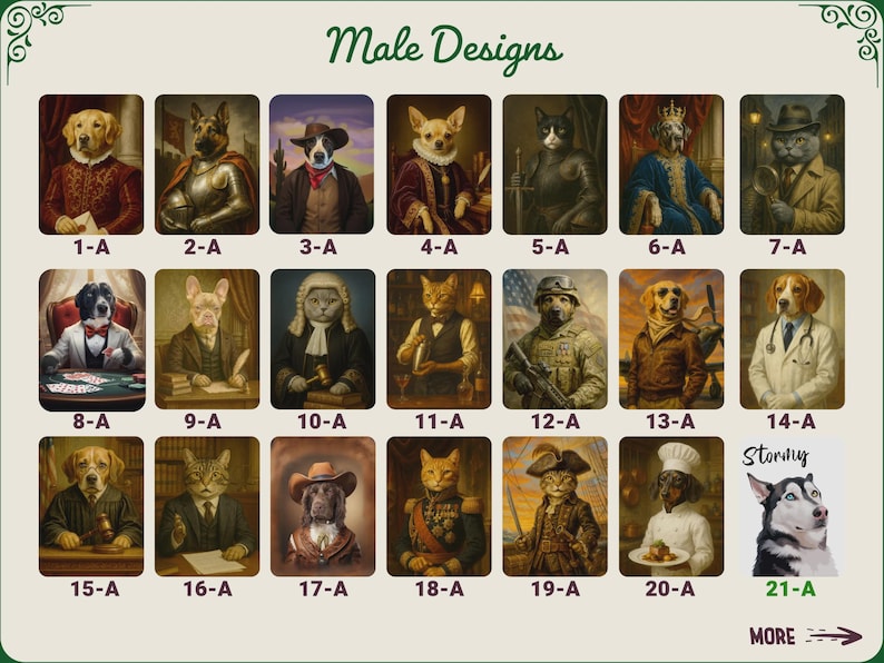 May include: A collection of framed portraits featuring anthropomorphic animals in various professions and attire. The portraits include dogs, cats, and other animals dressed as royalty, military figures, and professionals. The text "Male Designs" is at the top.