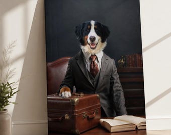 May include: A portrait print featuring a Bernese Mountain Dog with a smiling expression, dressed in a charcoal grey suit, a light-colored striped shirt, and a brown patterned tie, resting a paw on a brown leather briefcase next to an open book.