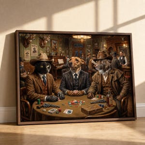 Custom Saloon Pet Portrait – Cowboy and Bartender Dogs, Funny Western Bar Pet Art, Personalized Pet Painting with Beer and Poker Chips