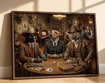 Custom Saloon Pet Portrait – Cowboy and Bartender Dogs, Funny Western Bar Pet Art, Personalized Pet Painting with Beer and Poker Chips