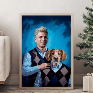 May include: A portrait painting of a person wearing a blue shirt and a brown and blue argyle sweater vest, holding a brown and white dog wearing a matching argyle sweater vest. The background is a blue and white abstract design.