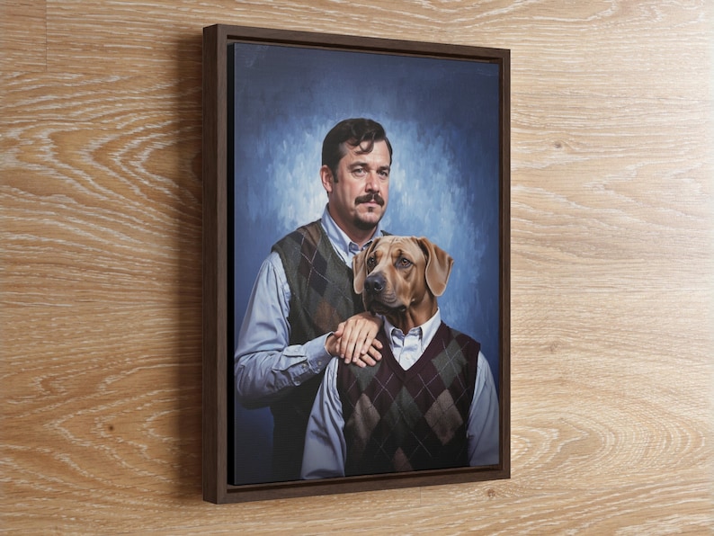 May include: A framed portrait featuring a man and a dog, both wearing argyle vests over collared shirts. The man has a mustache and is touching the dog's shoulder. The background is a gradient of blue.