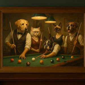 May include: A painting of a group of animals playing pool. A Labrador Retriever, a Boxer, a French Bulldog, a Siamese cat, and a white cat are all wearing clothes and playing pool on a green felt table. The animals are all looking at the table and seem to be focused on the game.
