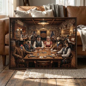 May include: Framed artwork depicting a poker game in a saloon. The players are anthropomorphic dogs in period attire, seated around a wooden table. The scene is set in a dimly lit room with a bar and other patrons.