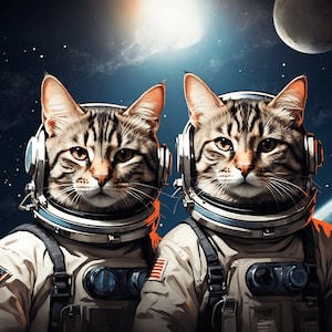 Peut inclure: Deux chats tigrés portant des combinaisons d'astronautes avec des casques, sur un fond d'espace bleu foncé avec des étoiles et une planète au loin.
