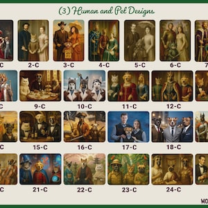 May include: A collection of 25 framed art prints featuring anthropomorphic animals in classic portrait settings. The prints are numbered and labeled with the text "(3) Human and Pet Designs" at the top. The art style is reminiscent of historical paintings.