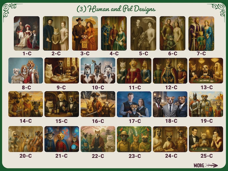 May include: A collection of 25 framed art prints featuring anthropomorphic animals in classic portrait settings. The prints are numbered and labeled with the text "(3) Human and Pet Designs" at the top. The art style is reminiscent of historical paintings.