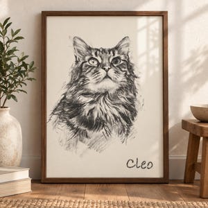 May include: A framed charcoal-style sketch of a long-haired cat looking upward, printed on a cream-colored background. The name Cleo is written in a handwritten script font in the bottom right corner of the artwork, enclosed in a dark wood frame.
