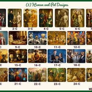 May include: A collection of 25 framed art prints featuring anthropomorphic animals in historical and fantasy settings. The prints are labeled with numbers and the text "Human and Pet Designs". The art style varies.