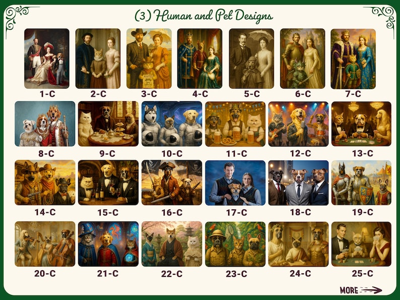 May include: A collection of 25 framed art prints featuring anthropomorphic animals in historical and fantasy settings. The prints are labeled with numbers and the text "Human and Pet Designs". The art style varies.