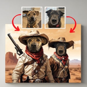 Custom 2 pets portrait, cowboy pet portrait, cat cowboy portrait, Cowboy dog painting, Pet loss gift, Pet lover gift, western cowboy dog