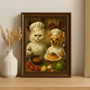 Custom Chef Pet Portrait, Dog and Cat Cooking Art Print – Funny Personalized Pet Painting, Kitchen Wall Art, Gift for Foodie Pet Lovers