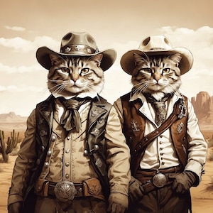 Custom cowboys 2 pets portrait, cowboy pet painting, canvas with 2 pets photo, my pet as a cowboy, cat portrait, dog portrait, petlover gift