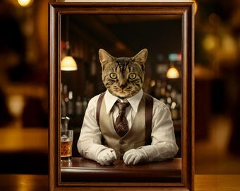 Pet Portrait As A Bartender,  Christmas gift , funny Man Cave Decor,  Gift For Husband