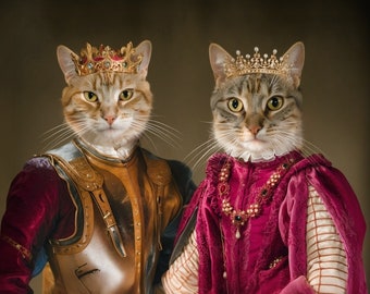 Custom Pet Portrait, cat queens portrait, custom portrait with cats photo, Personalized duo pet portrait, 2 pets portrait, family portrait