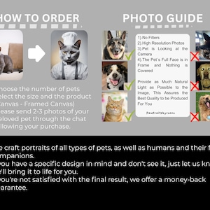 May include: How to order a custom pet portrait on canvas.  The image shows a guide for taking photos of your pet for the best results.  The text says "Provide as Much Natural Light as Possible to the Image, This Assures the Best Quality to be Produced For You".