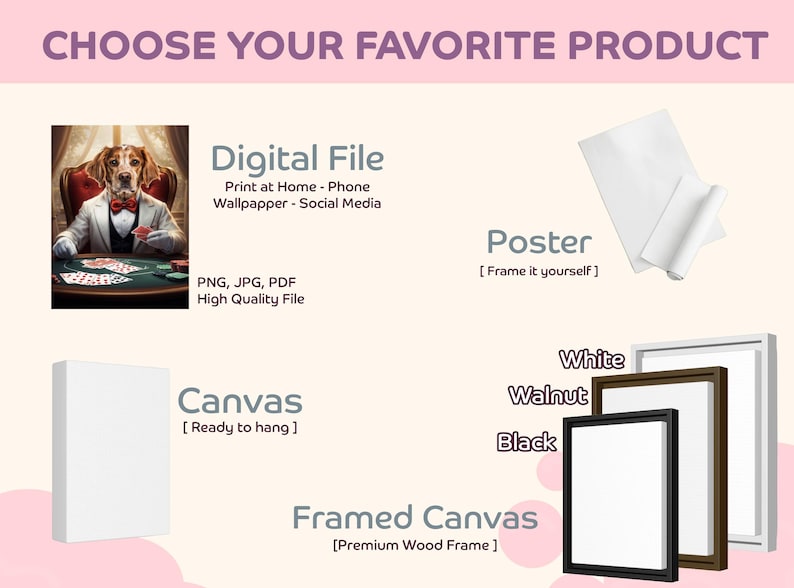 May include: Promotional image with text "CHOOSE YOUR FAVORITE PRODUCT". Options include digital files, posters, canvas prints, and framed canvas prints. The digital file features a dog playing poker. Frame colors are white, walnut, and black.