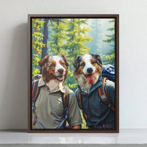 May include: Two Australian Shepherd dogs wearing backpacks and hiking in a forest. The dogs are smiling and looking at the camera. The forest is green and lush with tall trees.