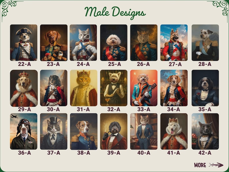 May include: A collection of portraits featuring animals dressed in regal attire. The images include dogs and cats in military uniforms, royal robes, and formal wear. Each portrait is labeled with a number and the letter "A". The text "Male Designs" is at the top.
