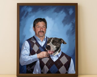 Pet Portrait, Gift for husband, Human and pet custom portrait, Birthday Gift Idea, Funny Dog Portrait, Gift For Him, Dog Portrait, Man Cave