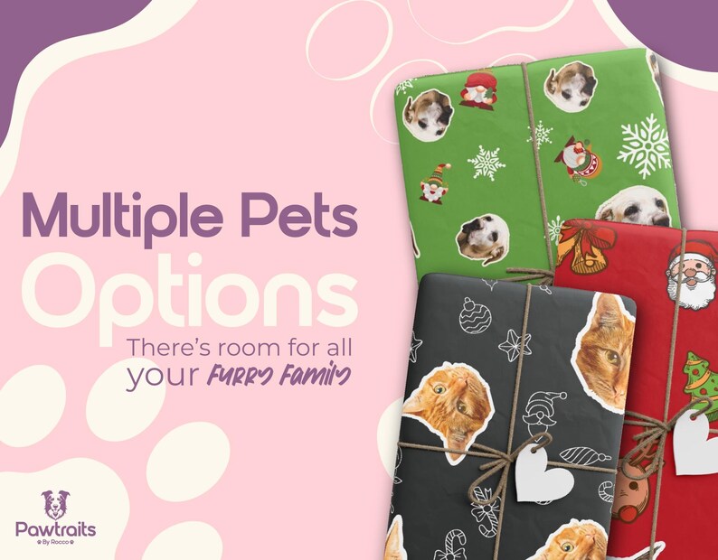 May include: Gift-wrapped presents with pet portraits. The wrapping paper features dog and cat faces, along with holiday-themed designs. The text reads "Multiple Pets Options" and "There's room for all your FURRY Family."