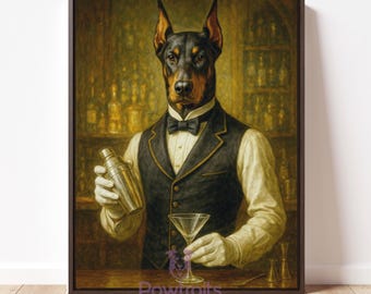 May include: Framed artwork featuring a Doberman Pinscher dressed as a bartender. The dog wears a vest, bow tie, and white gloves, holding a cocktail shaker and a martini glass. The background shows a bar with bottles.