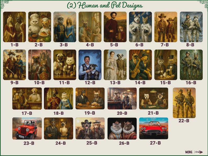 May include: A collection of 27 portrait-style prints featuring anthropomorphic animals in various historical and modern settings. The prints showcase dogs and cats dressed in costumes, with some including human figures. The prints are numbered 1-B through 27-B.