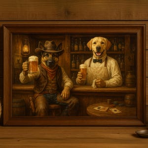 May include: A framed artwork depicts two dogs in a saloon setting. One dog, dressed as a cowboy, holds a beer, while the other, in a bartender's attire, also holds a beer. The scene is set in a rustic bar with bottles and poker cards.