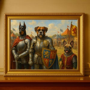 May include: A framed painting depicts three dogs in medieval armor. A Doberman, Boxer, and French Bulldog are the subjects, set against a backdrop of a medieval fair. The painting is in a gold frame and is displayed on a wooden surface.