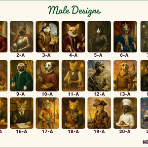 May include: A collection of 21 portrait prints featuring anthropomorphic animals in various costumes and settings. The prints include dogs and cats dressed as historical figures, soldiers, and chefs. The text "Male Designs" is at the top.