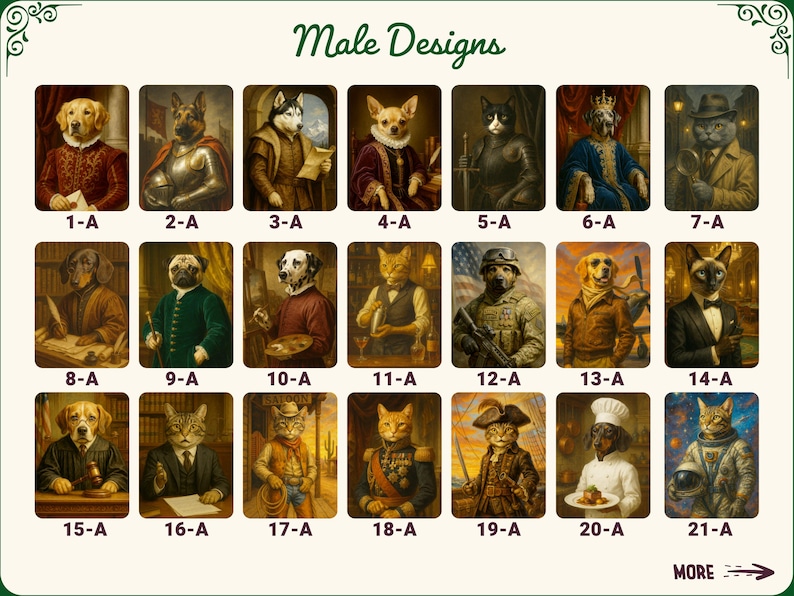 May include: A collection of 21 portrait prints featuring anthropomorphic animals in various costumes and settings. The prints include dogs and cats dressed as historical figures, soldiers, and chefs. The text "Male Designs" is at the top.