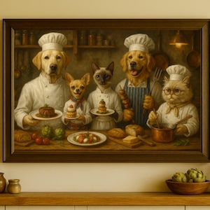 Custom 5 Pets Chef Portrait – Funny Kitchen Art, Personalized dog canvas from photo, Kitchen decor Custom dog portrait for her Funny pet art