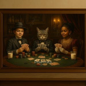 Custom Vintage Kid and Pet Canvas, Funny Cat and Kids Playing Cards, Retro Wall Art, Unique Decor, Humorous Gift, Game Room Artwork,Kid Gift