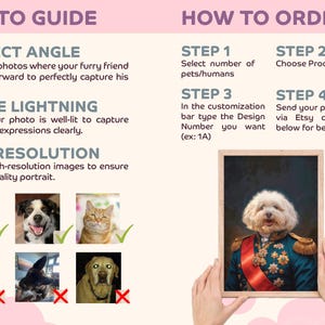 May include: A guide for ordering custom pet portraits. The image shows examples of ideal photos, including perfect angle, ample lighting, and high resolution. Instructions on how to order are also included, with steps to select the number of pets, choose the product type, and send photos.