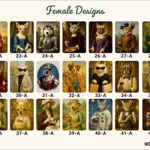 May include: A collection of portraits featuring anthropomorphic animals in various costumes and settings. The image includes cats, dogs, and other animals dressed in historical attire, professions, and space suits. The text "Female Designs" is at the top.