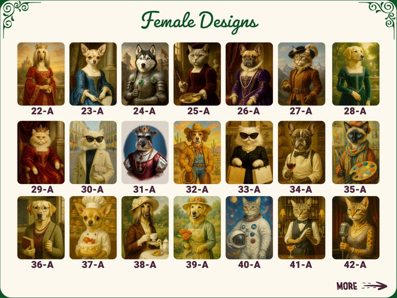May include: A collection of portraits featuring anthropomorphic animals in various costumes and settings. The image includes cats, dogs, and other animals dressed in historical attire, professions, and space suits. The text "Female Designs" is at the top.